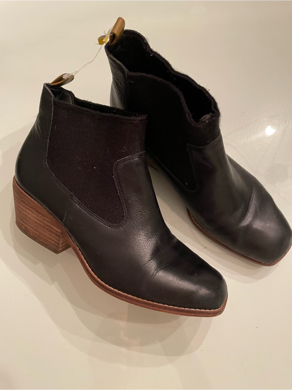 Crown Vintage Black Leather Chelsea Ankle Booties with Wood Heel